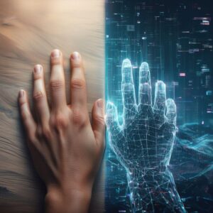 Mão real ao lado de mão simulada